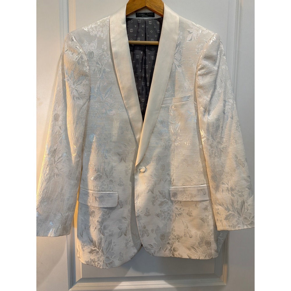 Paisley & Gray Floral Brocade Tuxedo Blazer Cream Silver Satin Shawl Lapel